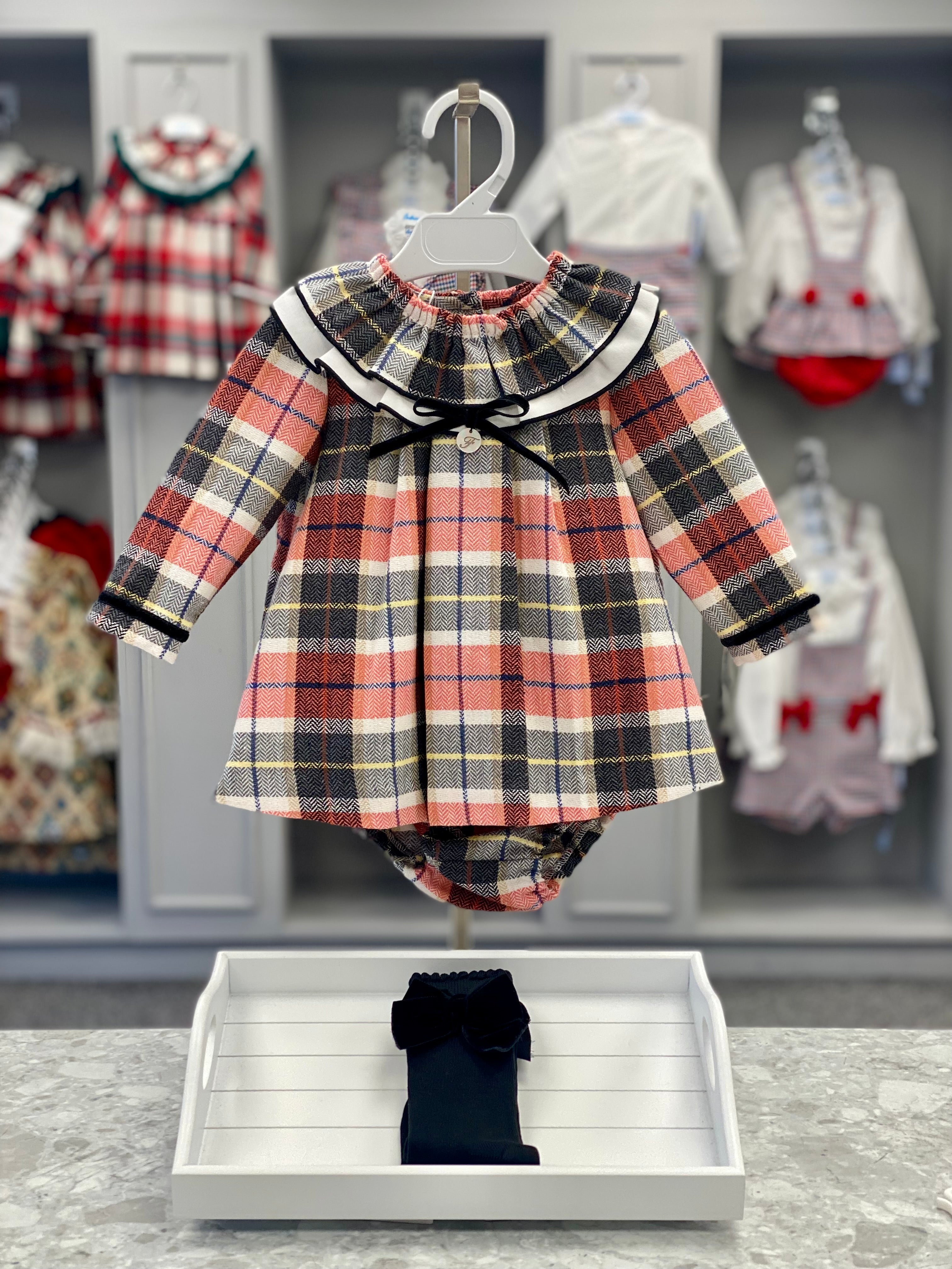 FOQUE Beige & Red Check Baby Girls Dress & Knickers - CLEARANCE SALE