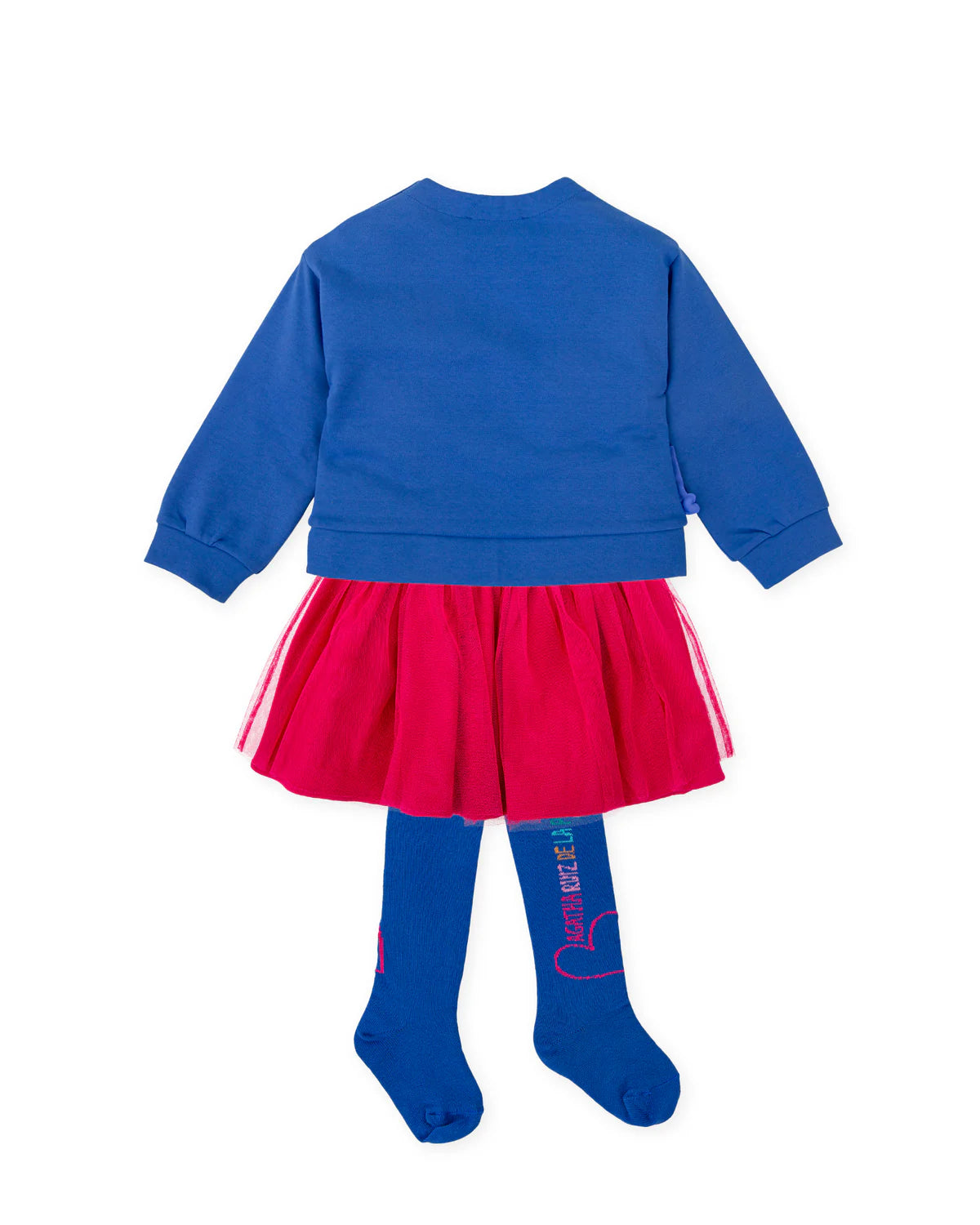Electric-blue sweatshirt with five multicoloured bow appliqués