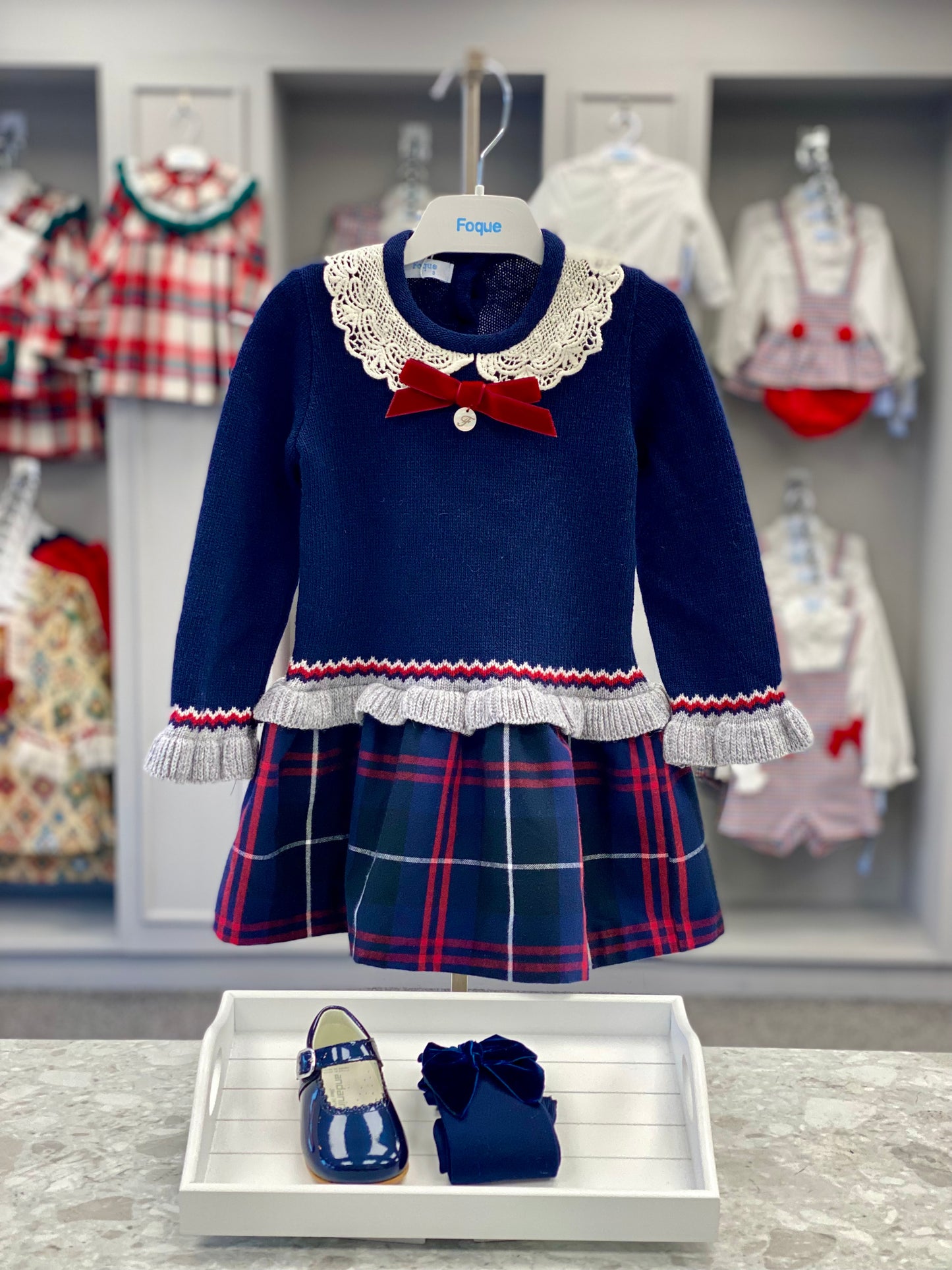 FOQUE AW23 Royal Girls Navy Tartan Dress - CLEARANCE SALE