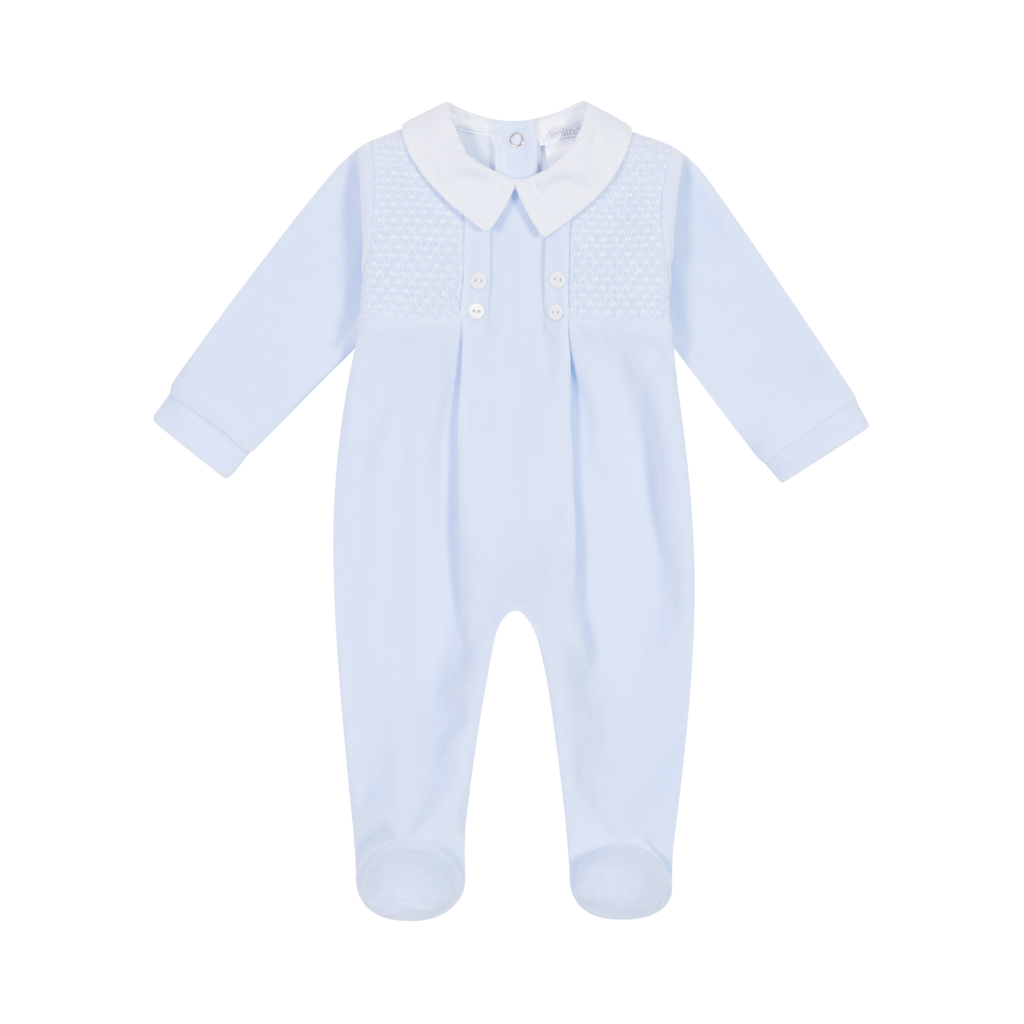 DEOLINDA Luke Baby Boys Blue Smocked Four Piece Velour Layette Set