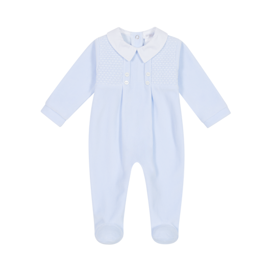 DEOLINDA Luke Baby Boys Blue Smocked Four Piece Velour Layette Set