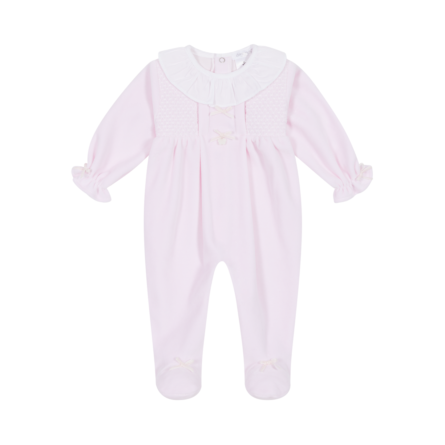 DEOLINDA Luna Baby Girls Pink Smocked Four Piece Velour Layette Set