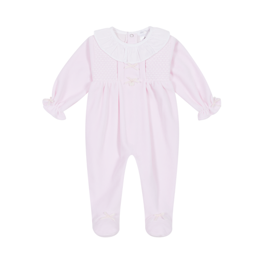 DEOLINDA Luna Baby Girls Pink Smocked Four Piece Velour Layette Set