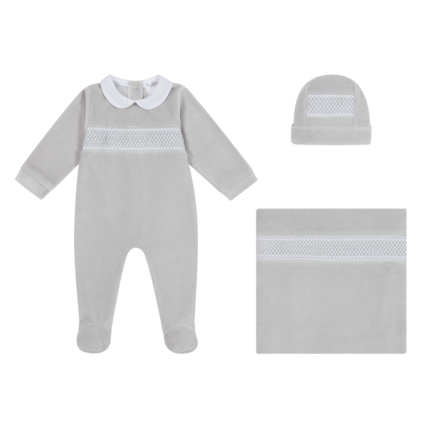 DEOLINDA Take Me Home Baby Boys Grey Velour Smocked Three Piece Set