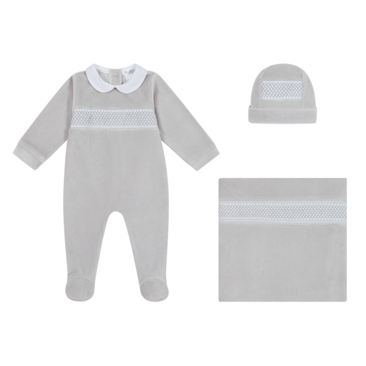 DEOLINDA Take Me Home Baby Boys Grey Velour Smocked Three Piece Set