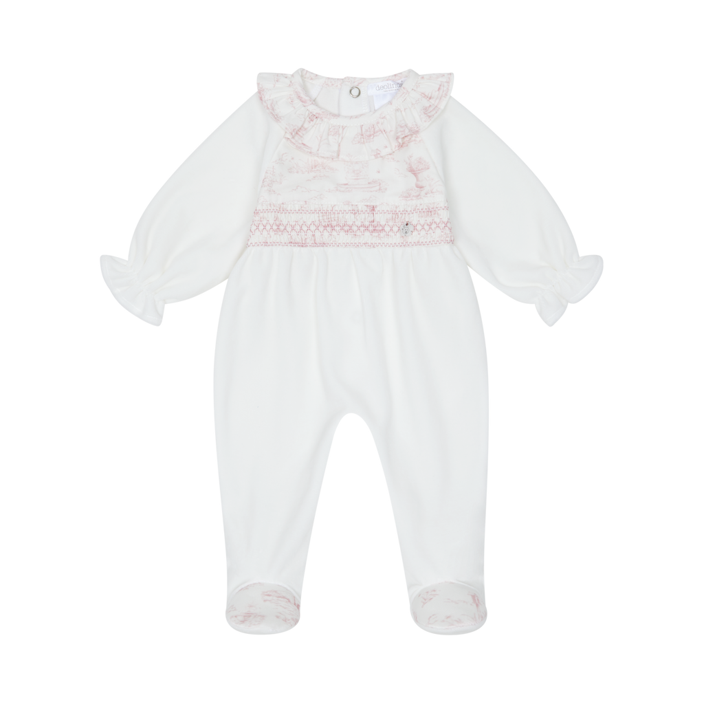 AW25 DEOLINDA Romera Girls Ivory & Pink Toile Velour Babygrow - 25121