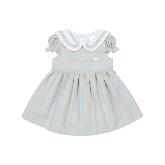 Deolinda Ibiza girls blue and beige linen stripe dress 26421