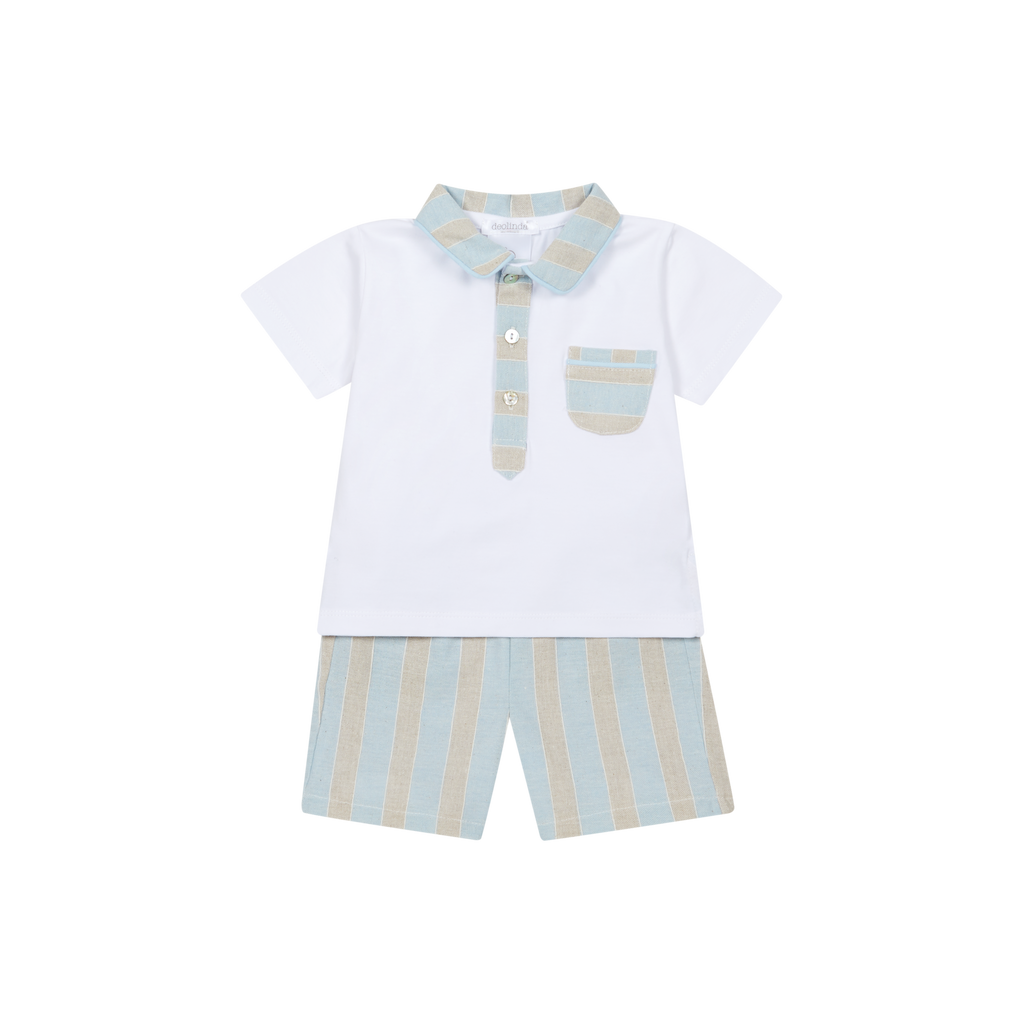 DEOLINDA Ibiza Boys Blue & Beige Linen Stripe Short Set - 26641