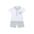 DEOLINDA Ibiza Boys Blue & Beige Linen Stripe Short Set - 26641