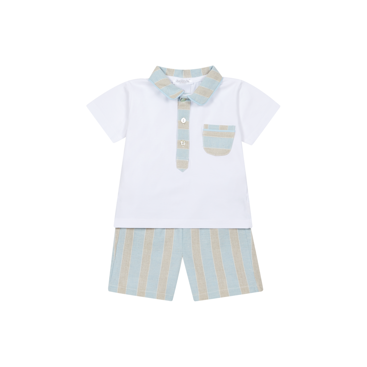 Deolinda Ibiza boys blue and beige linen stripe short set 26641