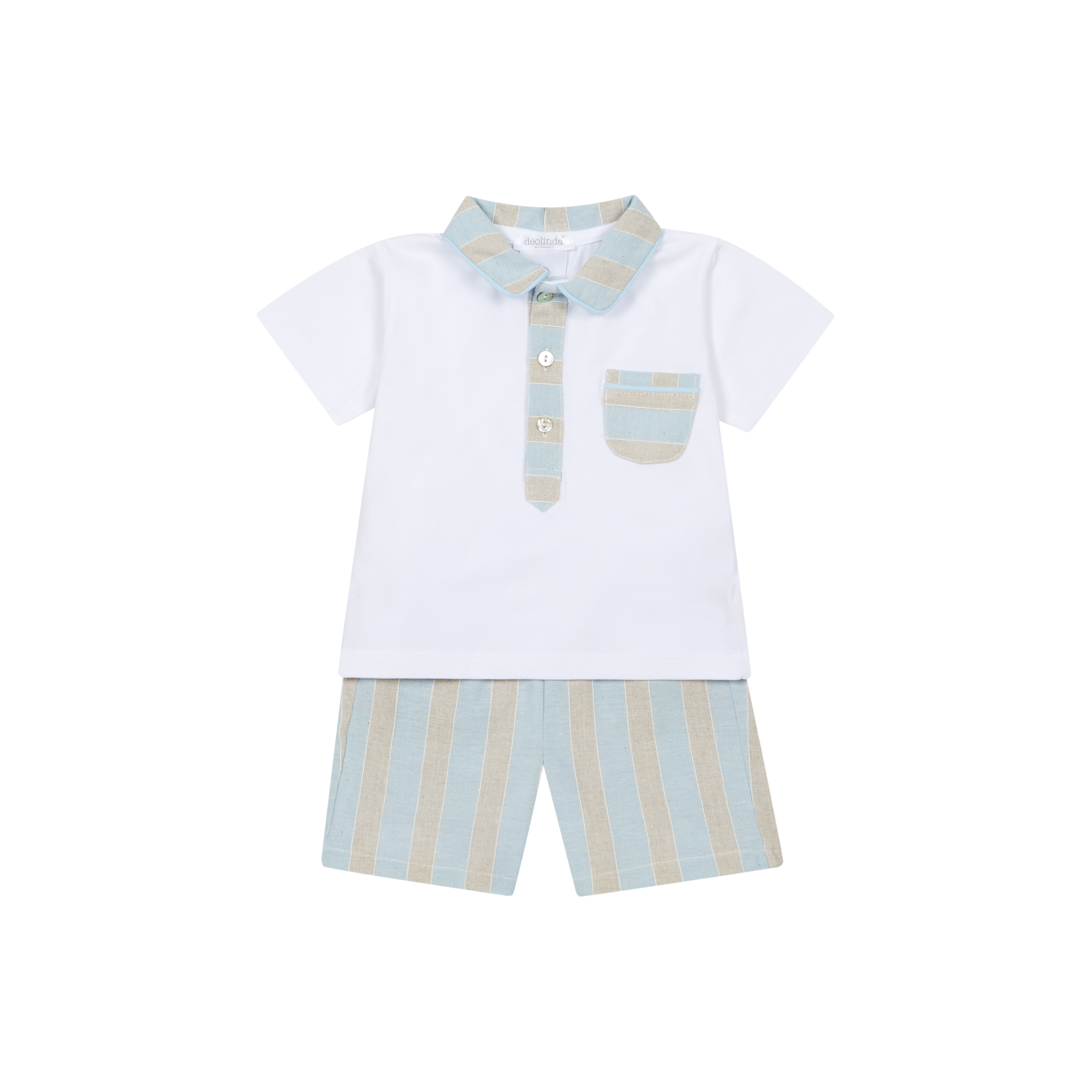 DEOLINDA Ibiza Boys Blue & Beige Linen Stripe Short Set - 26641
