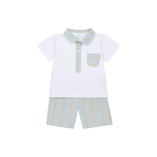 Deolinda Ibiza boys blue and beige linen stripe short set 26641