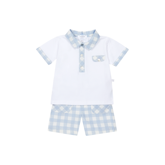 Deolinda Oceano boys blue and white check shorts set 26652