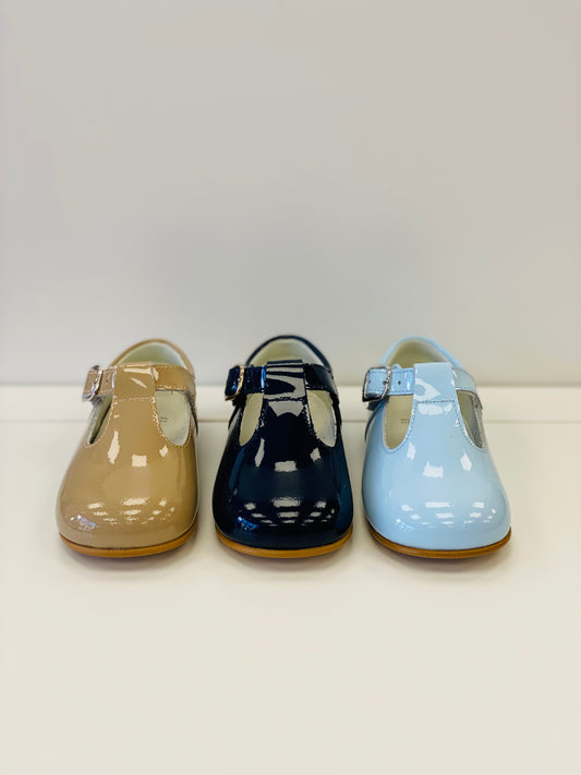 ANDANINES Navy Boys Patent Leather T-Bar Shoes