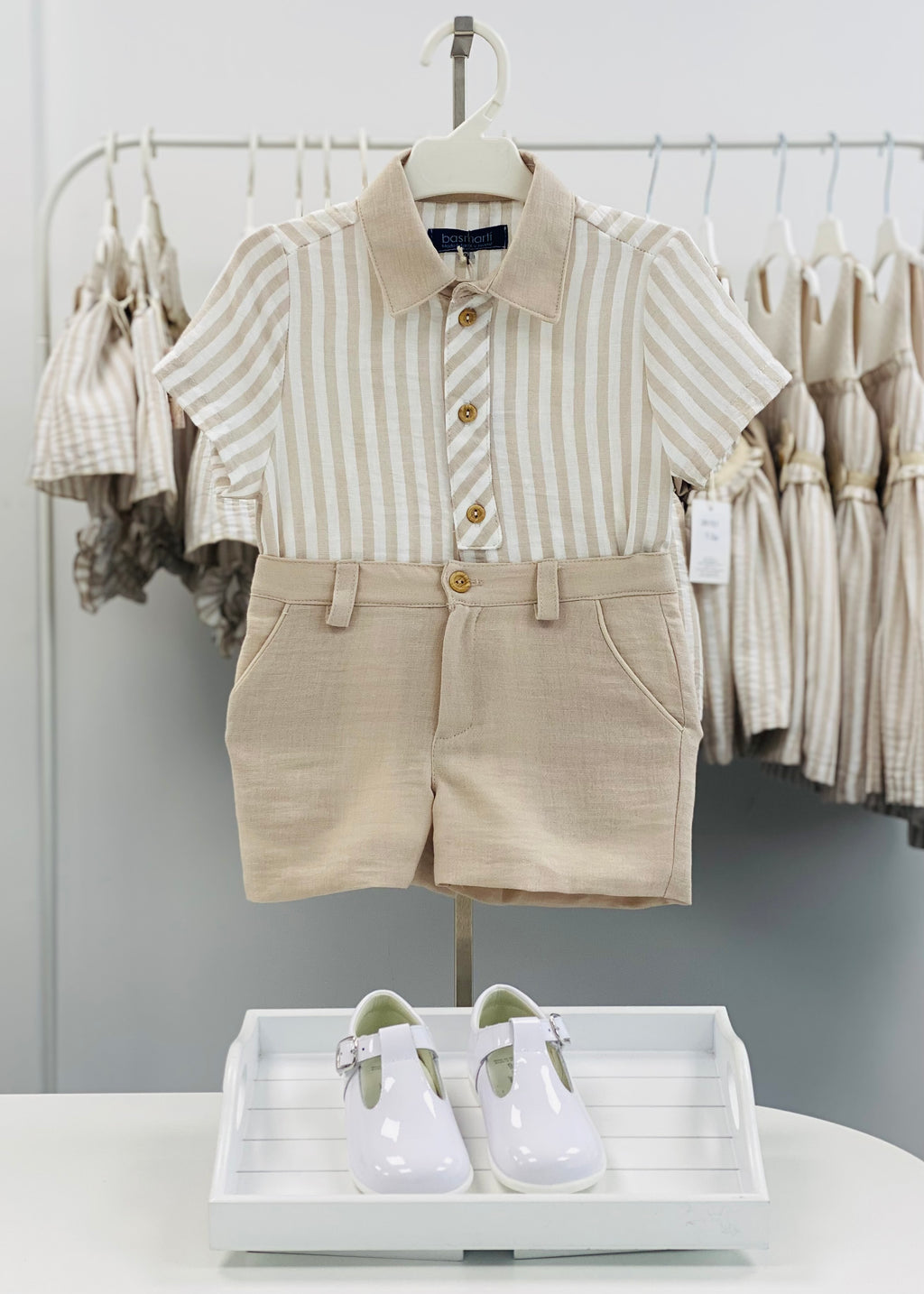 BASMARTI Rayas Boys Beige Stripe Short Set - 26156