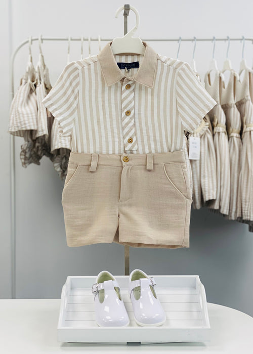 BASMARTI Rayas Boys Beige Stripe Short Set - 26156
