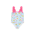 Children's swimsuit with hot air balloon pattern and pink bows on a white background