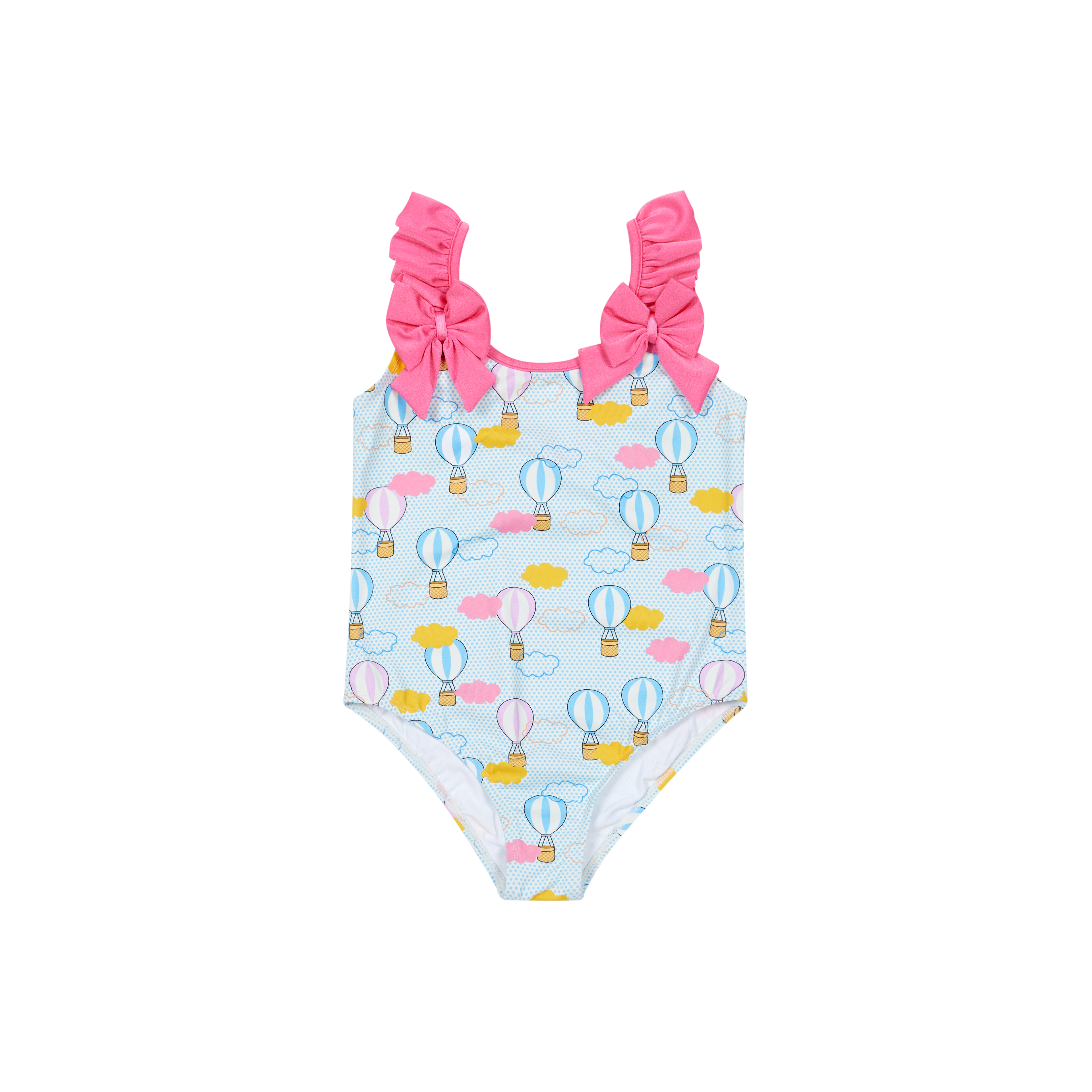 Children's swimsuit with hot air balloon pattern and pink bows on a white background