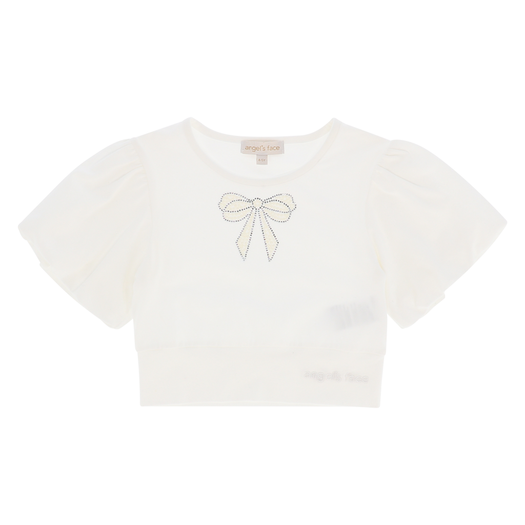 Angel’s Face Blossom girls ivory puff sleeve top with diamante bow - front