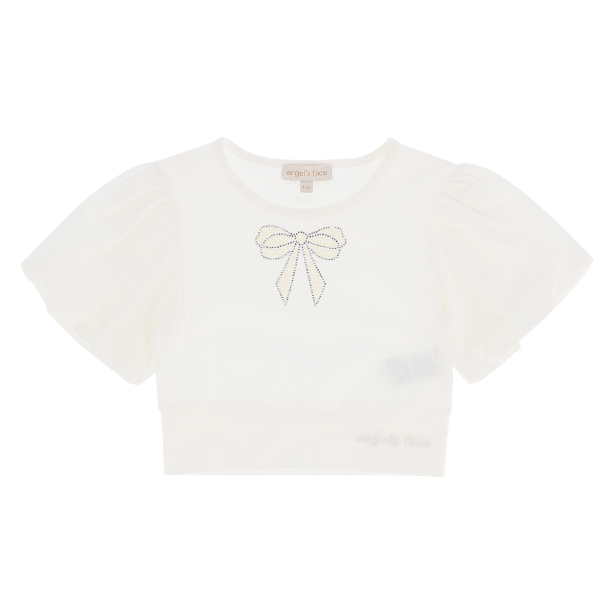 Angel’s Face Blossom girls ivory puff sleeve top with diamante bow - front