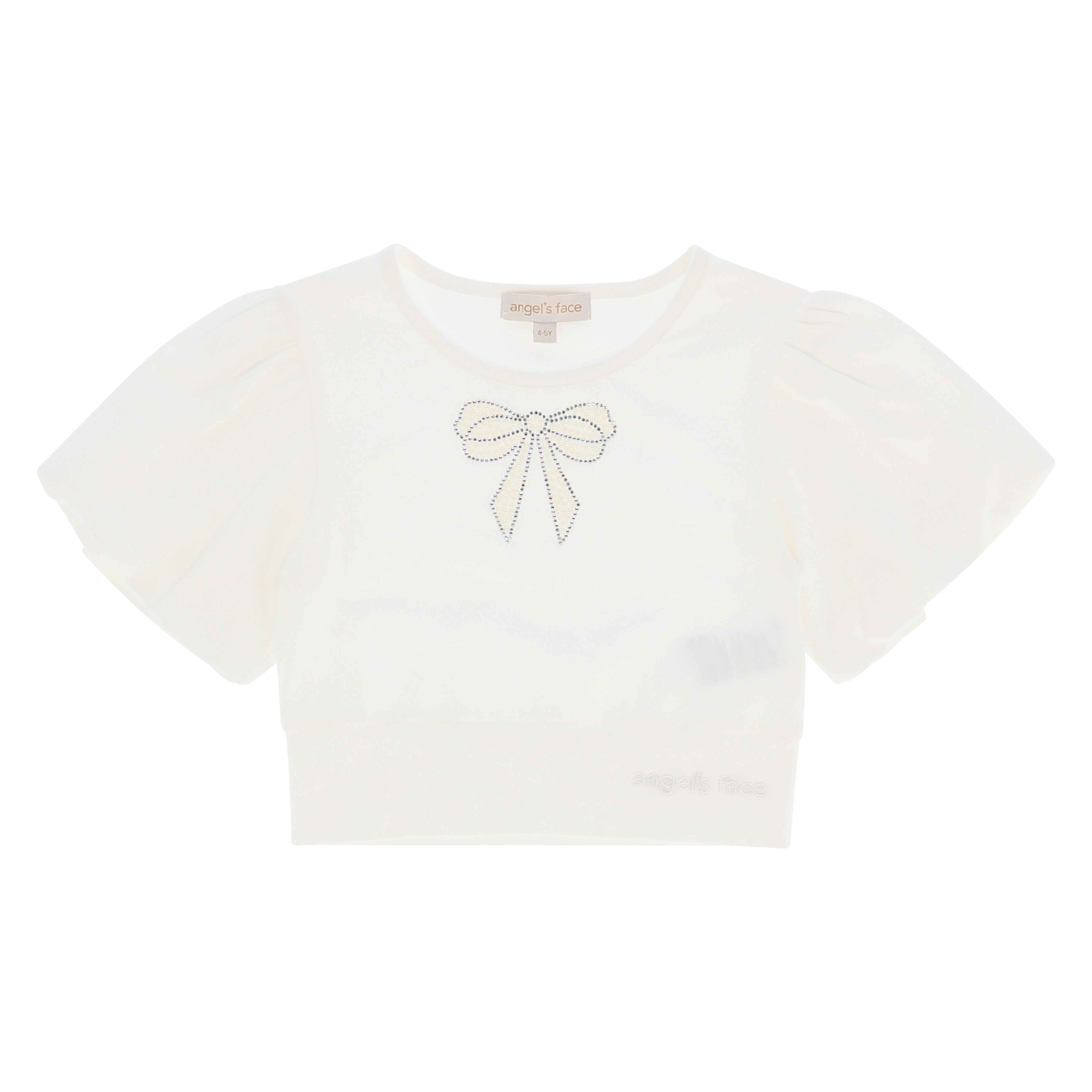 Angel’s Face Blossom girls ivory puff sleeve top with diamante bow - front