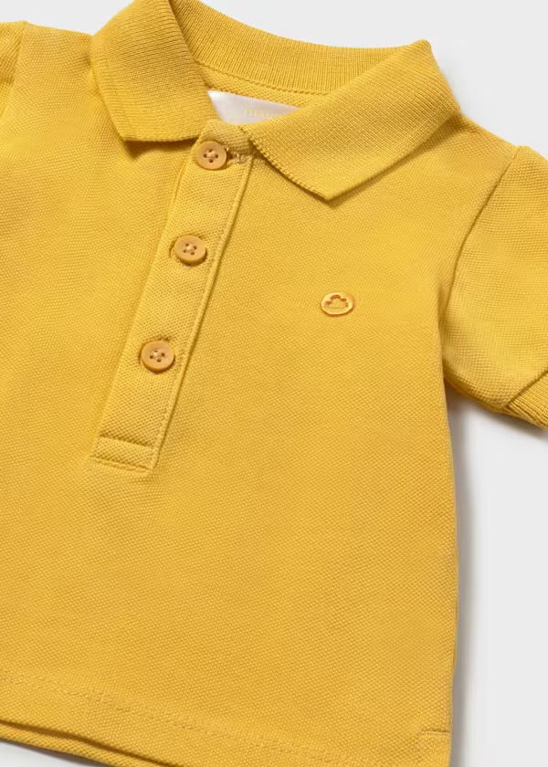 Mayoral mustard polo, boat-print dungarees and matching sun hat set