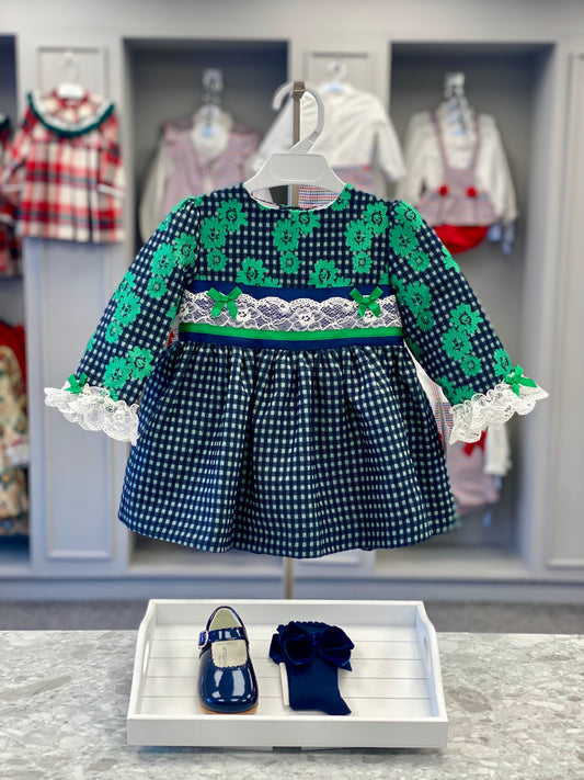 MIRANDA Green & Navy Baby Girls Puffball Dress - NON RETURNABLE