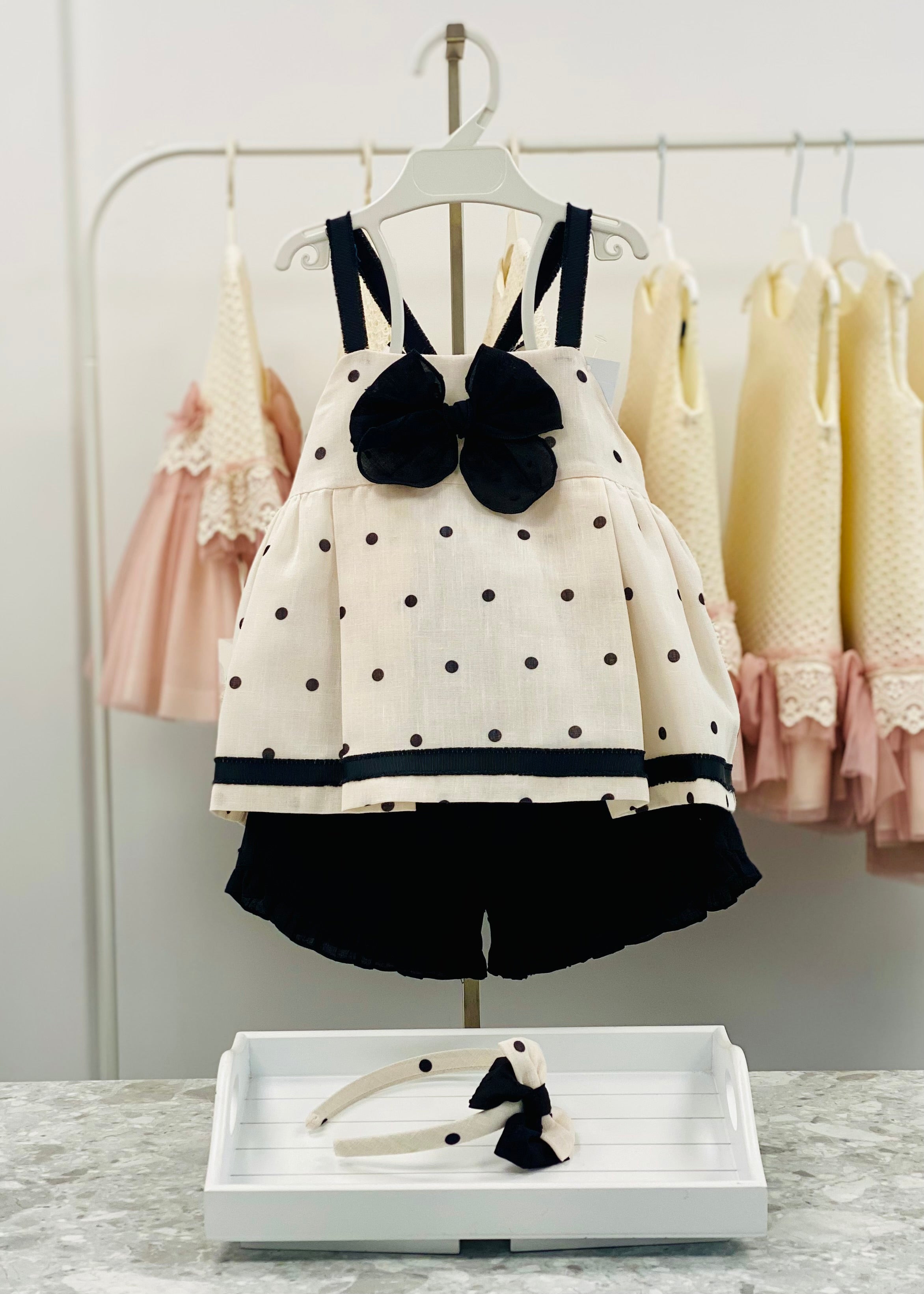 BASMARTI Coco Girls Cream & Black Polka Dot Shorts Set - 26131