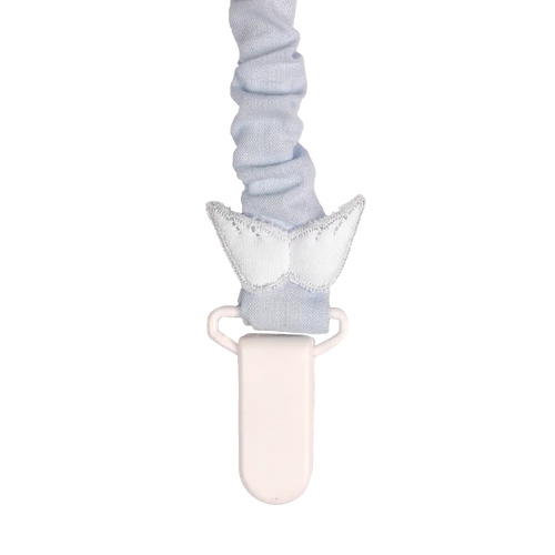 Baby Gi blue Pima cotton baby dummy clip with signature angel wings detail, made in Portugal - close up view