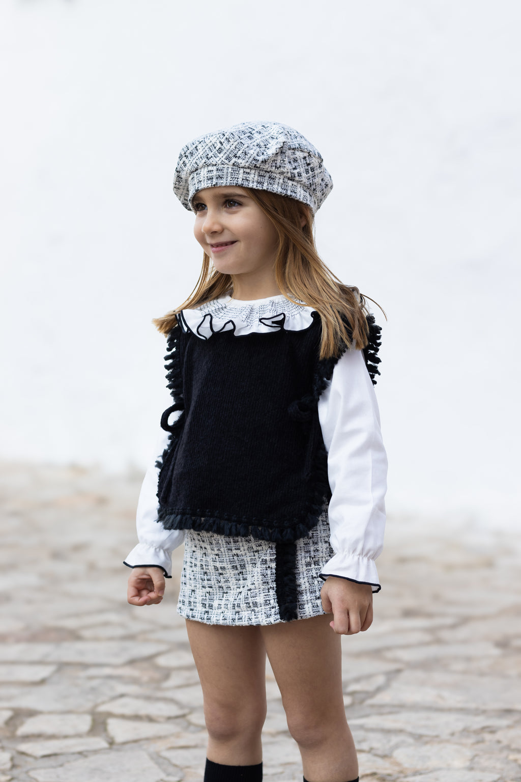 AW25 CALAMARO Alisio Girls Black Tweed Skort Set with Beret - 11259