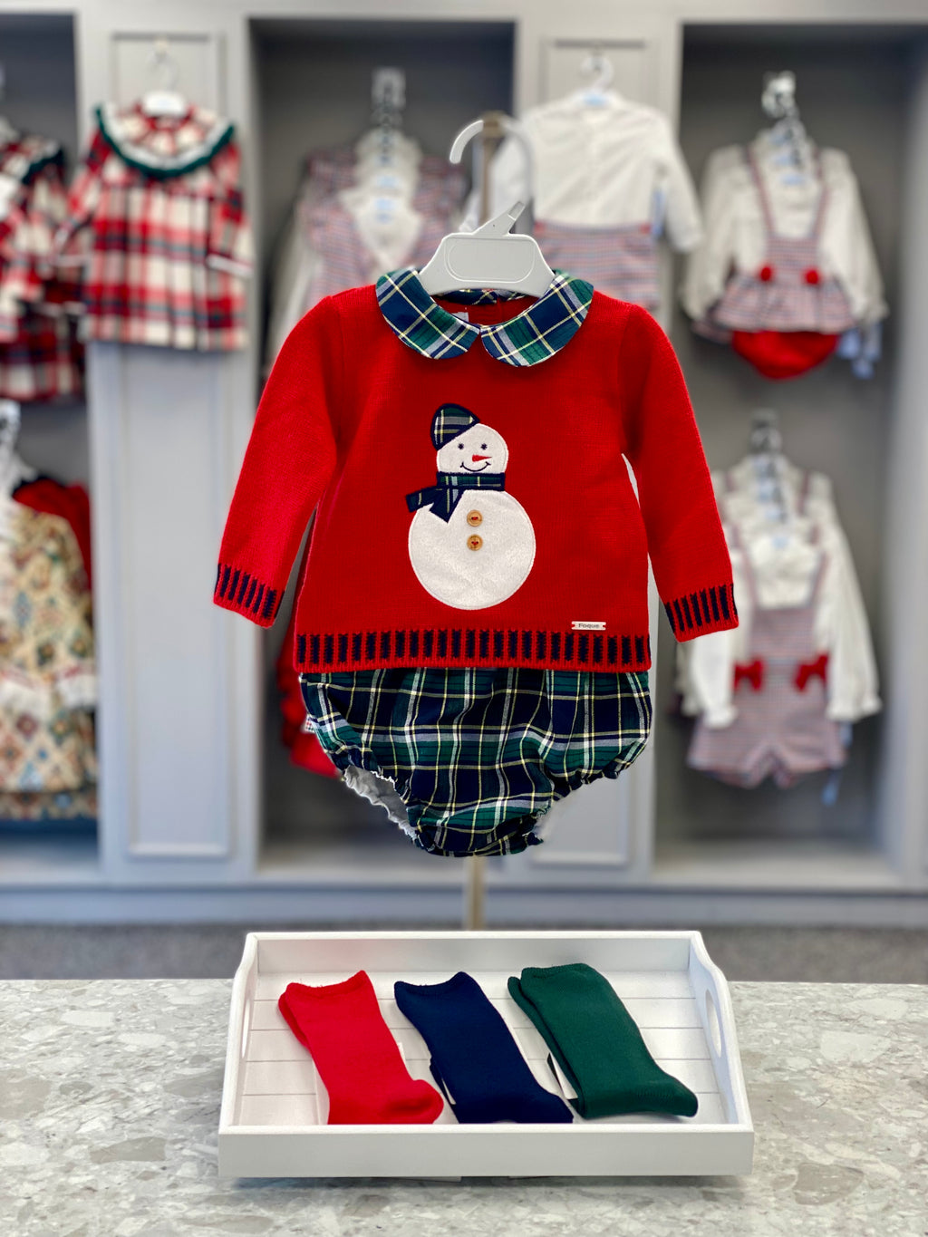 FOQUE Navy Tartan Baby Boys Snowman Jam Pant Set - CLEARANCE SALE
