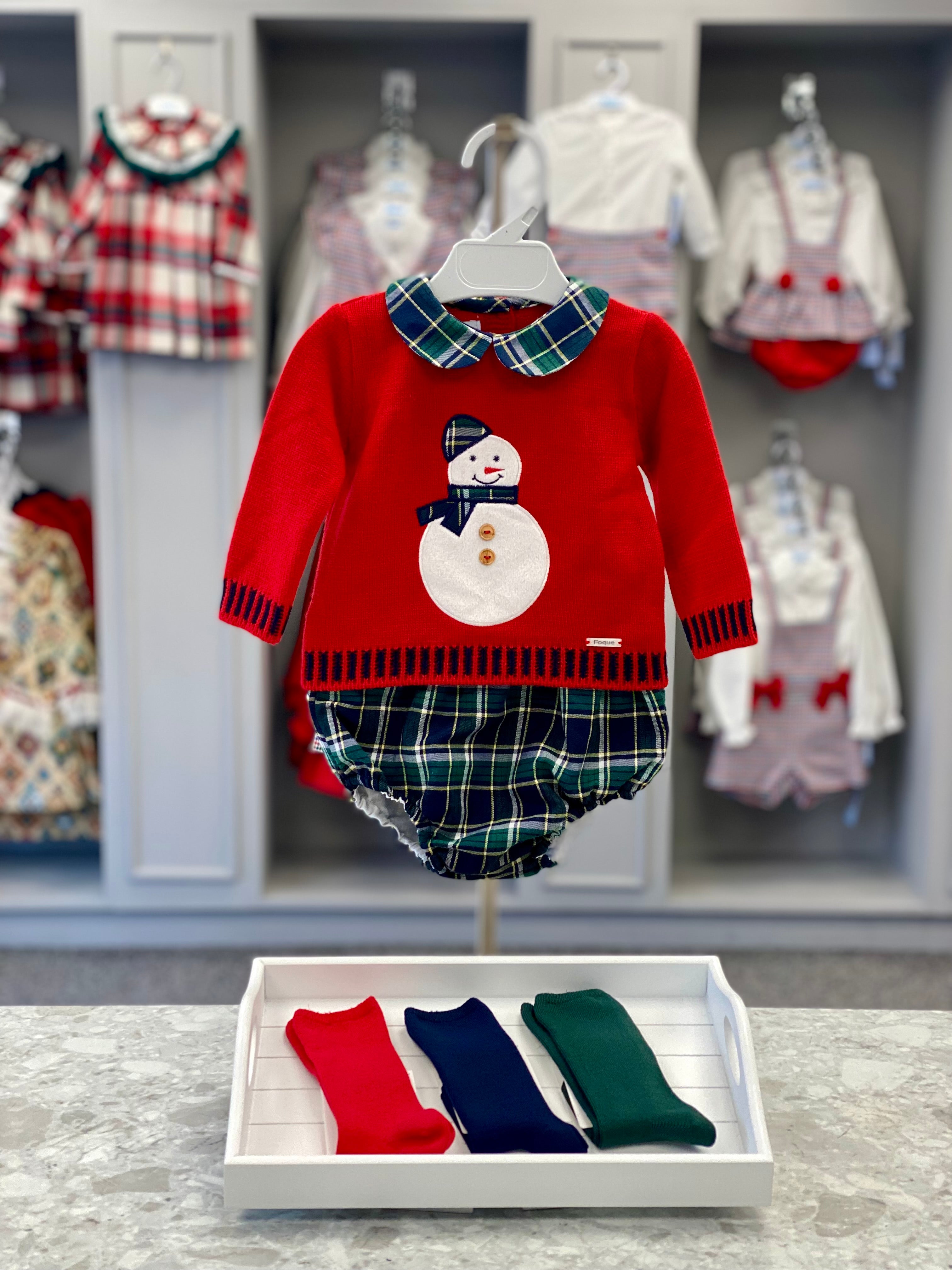 FOQUE Navy Tartan Baby Boys Snowman Jam Pant Set - CLEARANCE SALE