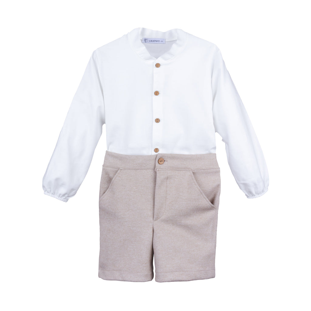 Calamaro Tajo white shirt with wooden buttons and stone beige boys shorts