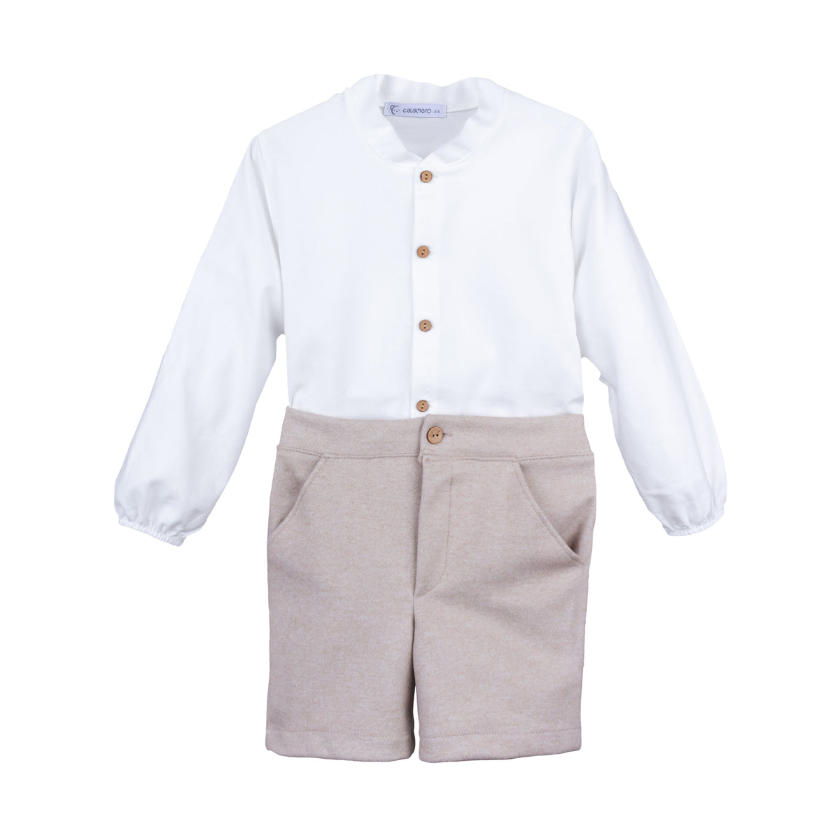 Calamaro Tajo white shirt with wooden buttons and stone beige boys shorts