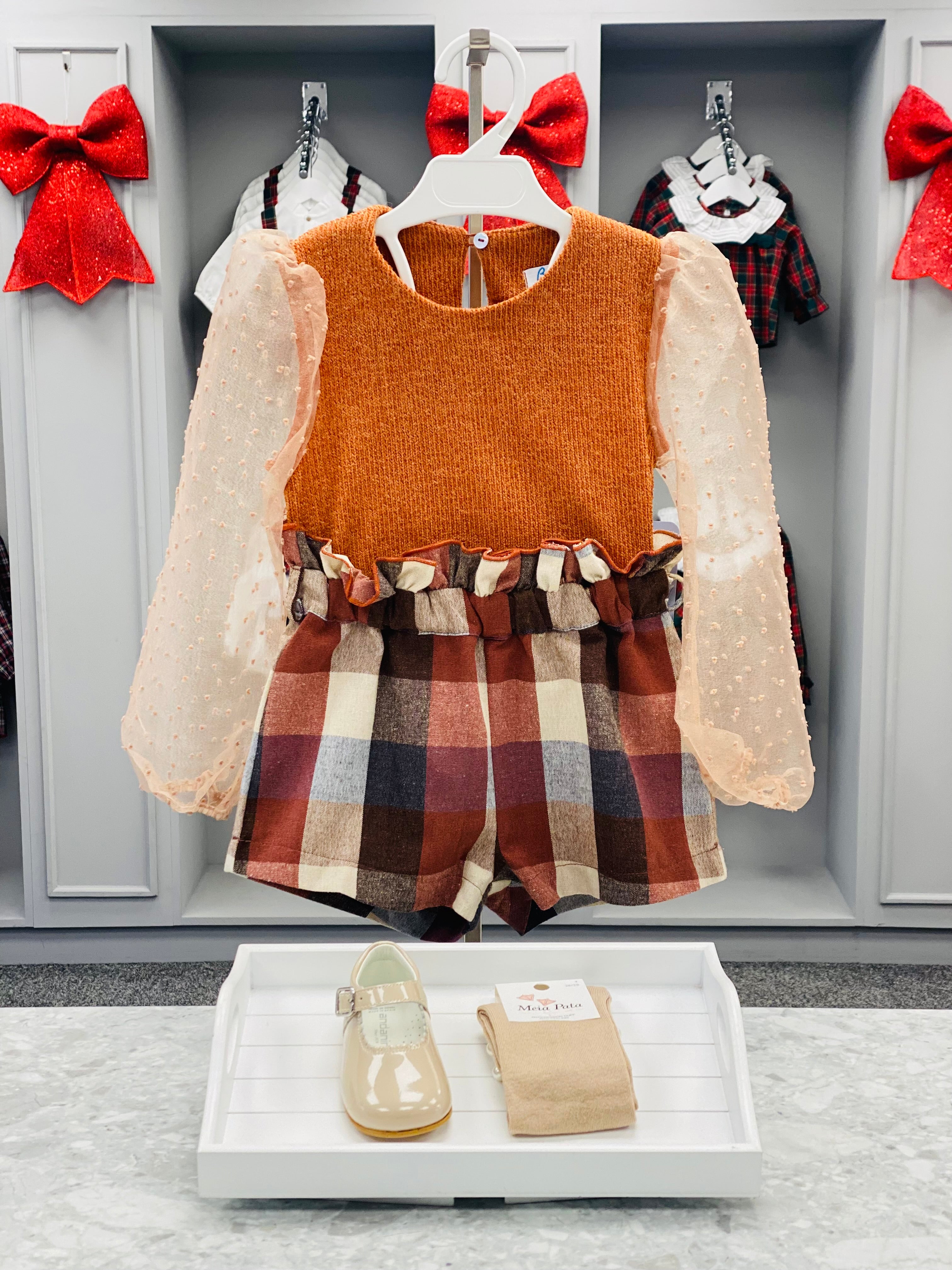 BABINE Calabaza Girls Camel & Brown Check Short Set