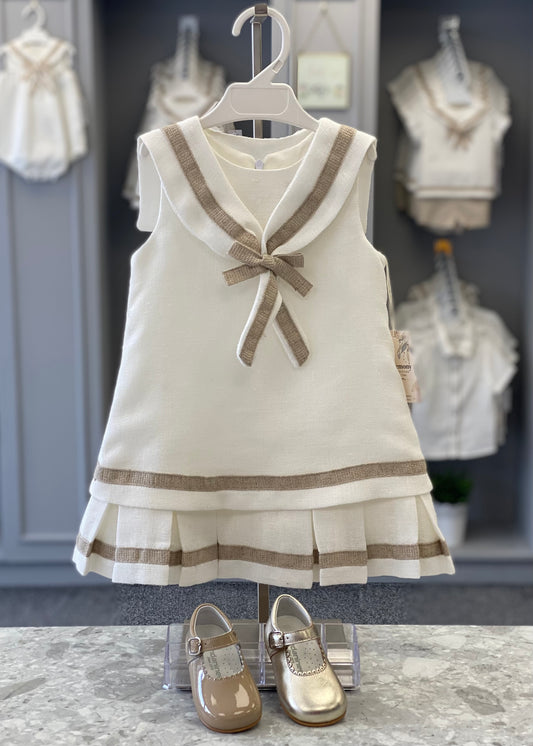 BASMARTI CEREMONIA Lino Girls Cream & Beige Linen Dress - 24091