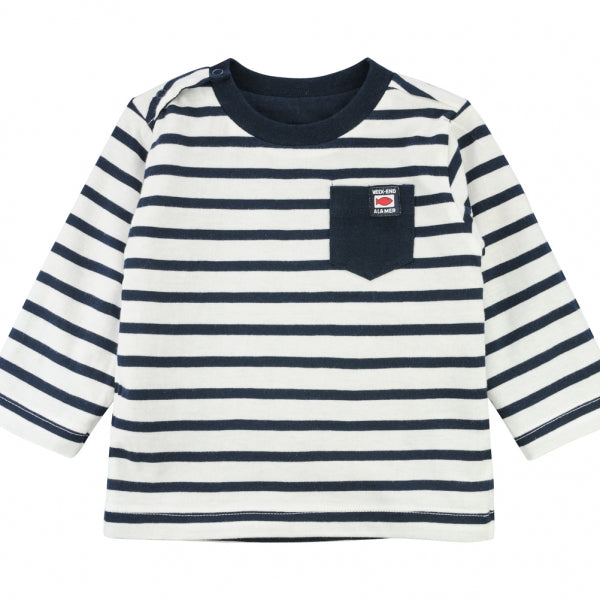 WEEKEND A LA MER Boys Alenvers Navy Stripe Reversible Long Sleeve Top