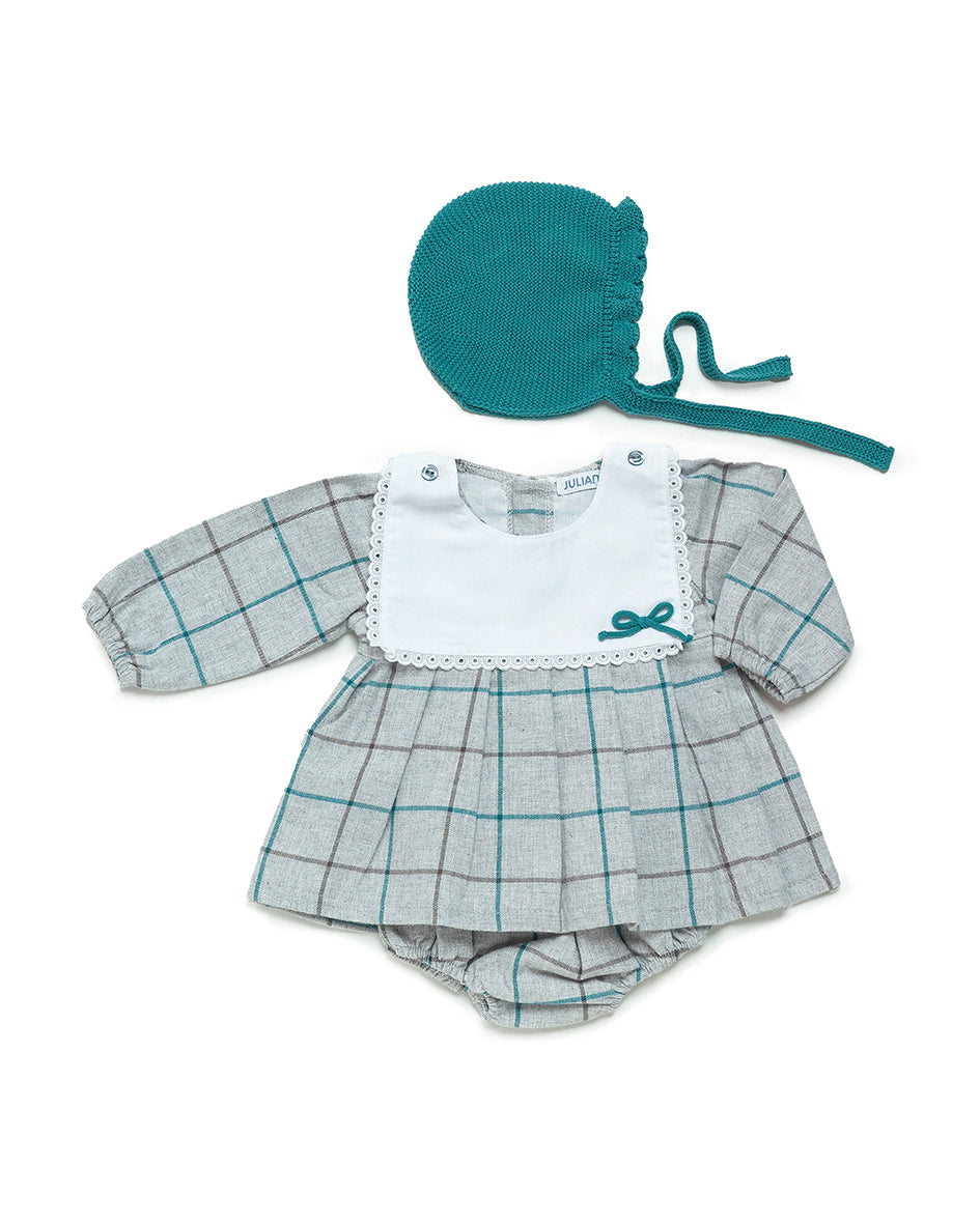 JULIANA Ensueno Teal & Grey Girls Dress with Knickers & Bonnet - 24669