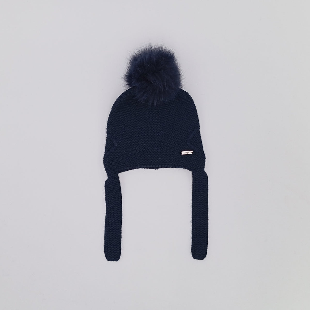 Rahigo navy knitted pom pom hat with ear flaps and fur pom pom