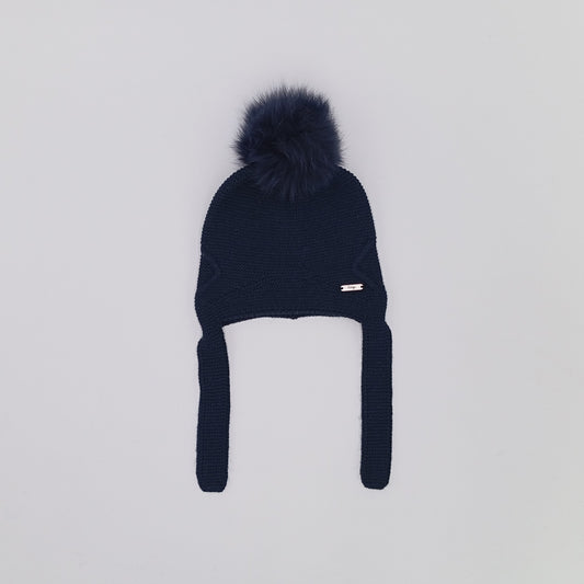 Rahigo navy knitted pom pom hat with ear flaps and fur pom pom