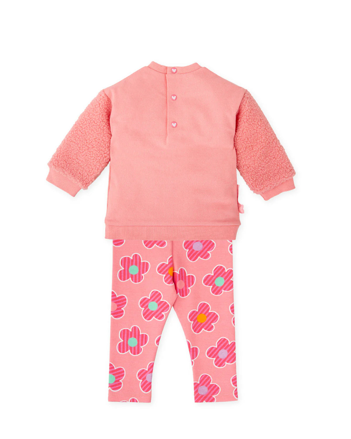 Pink sweatshirt with fluffy sleeves and matching floral leggings
