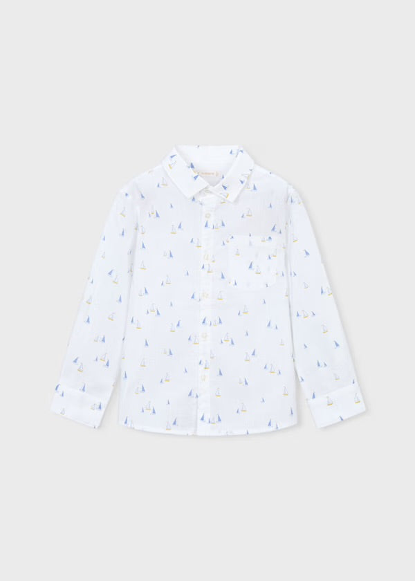 Mayoral white long-sleeved shirt with tiny sailboat print, front view