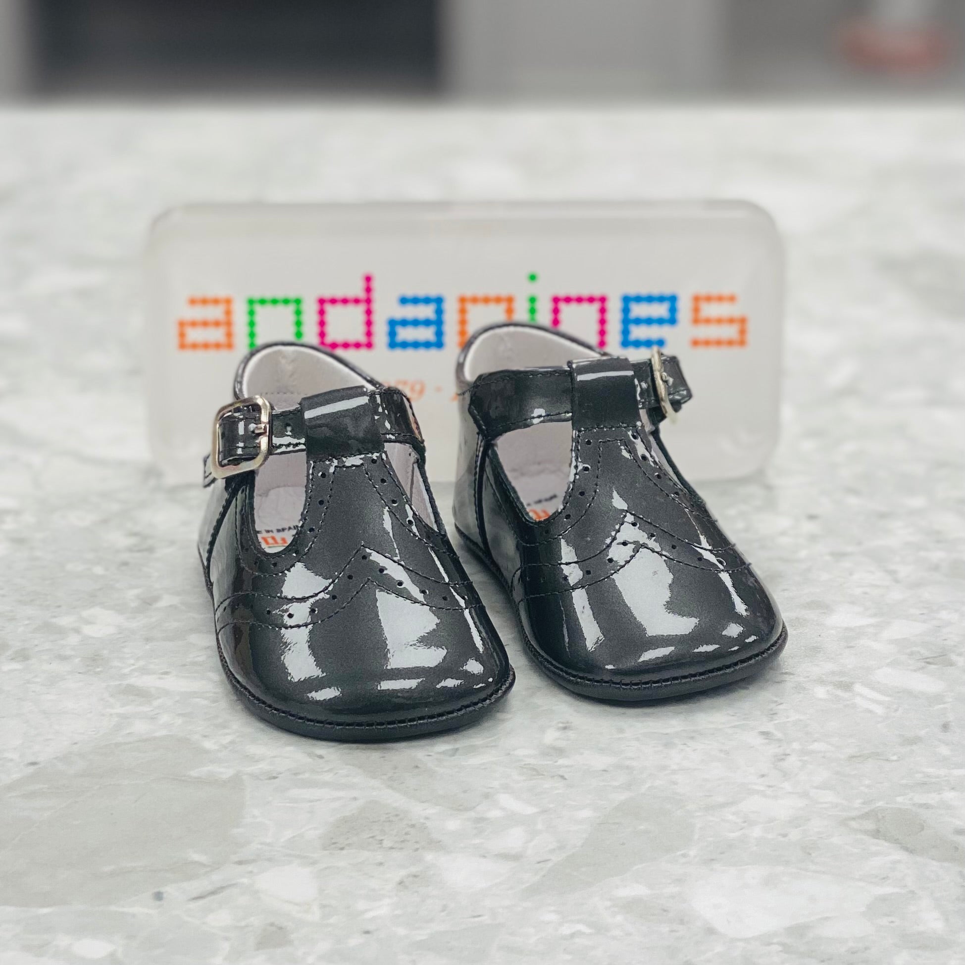 ANDANINES Grey Charcoal Boys Patent Leather T-Bar Pram Shoes - 241030