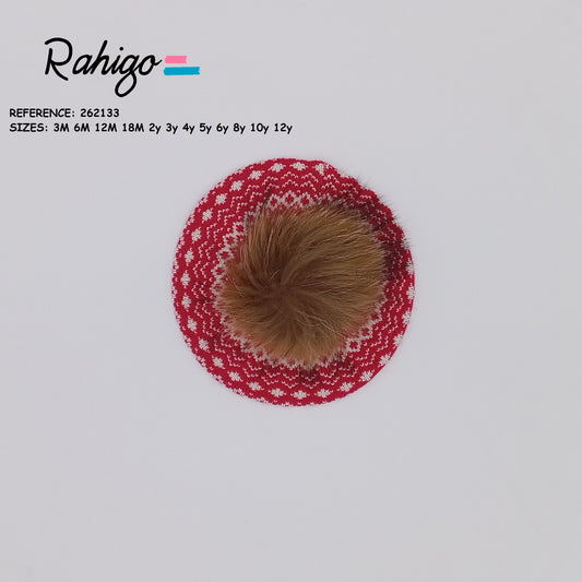 Rahigo red and cream girls knitted Nordic beret with fur pom pom - 262133