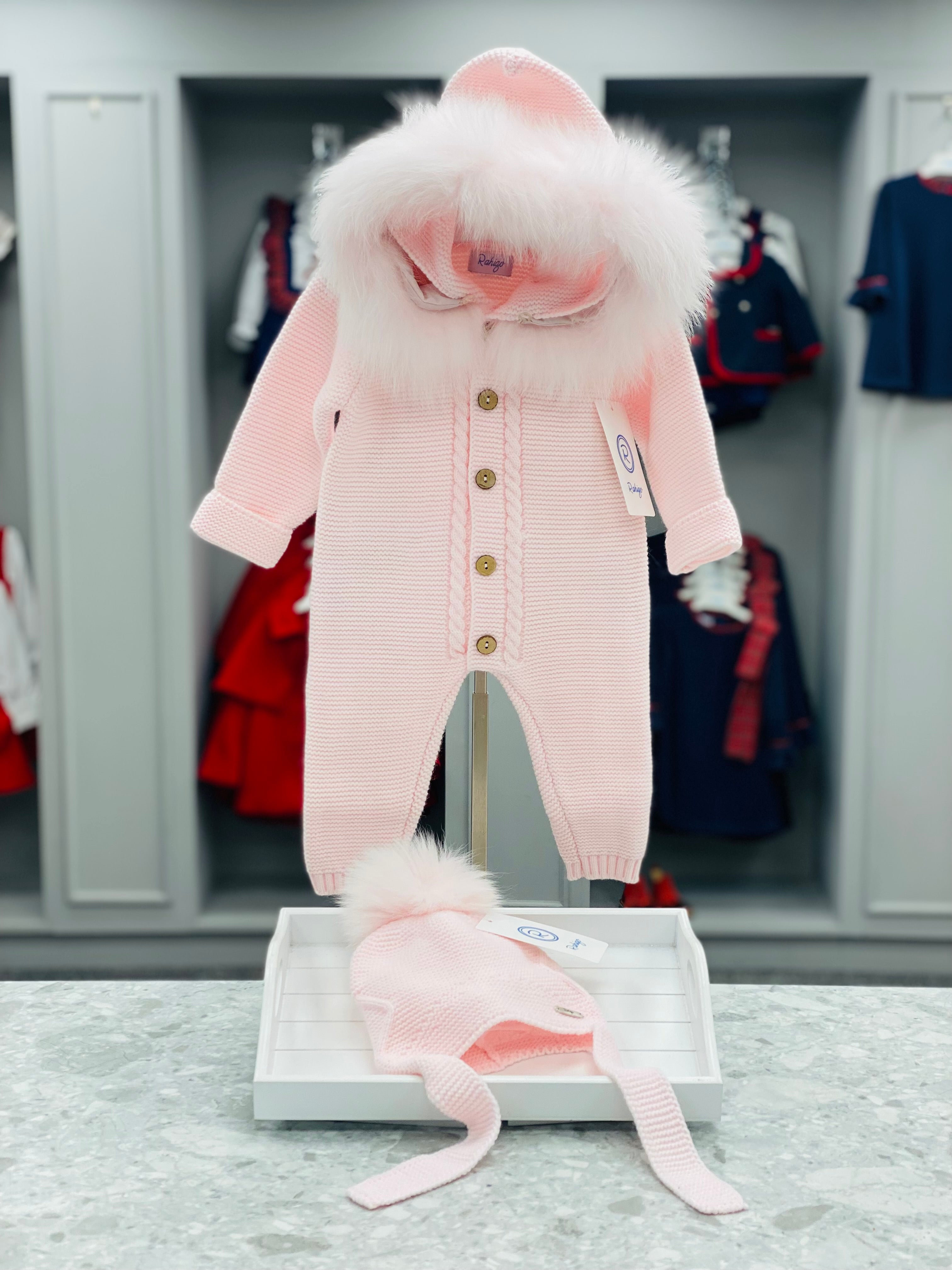 AW25 RAHIGO Baby Pink Knitted Snowsuit with Fur Hood - 252135