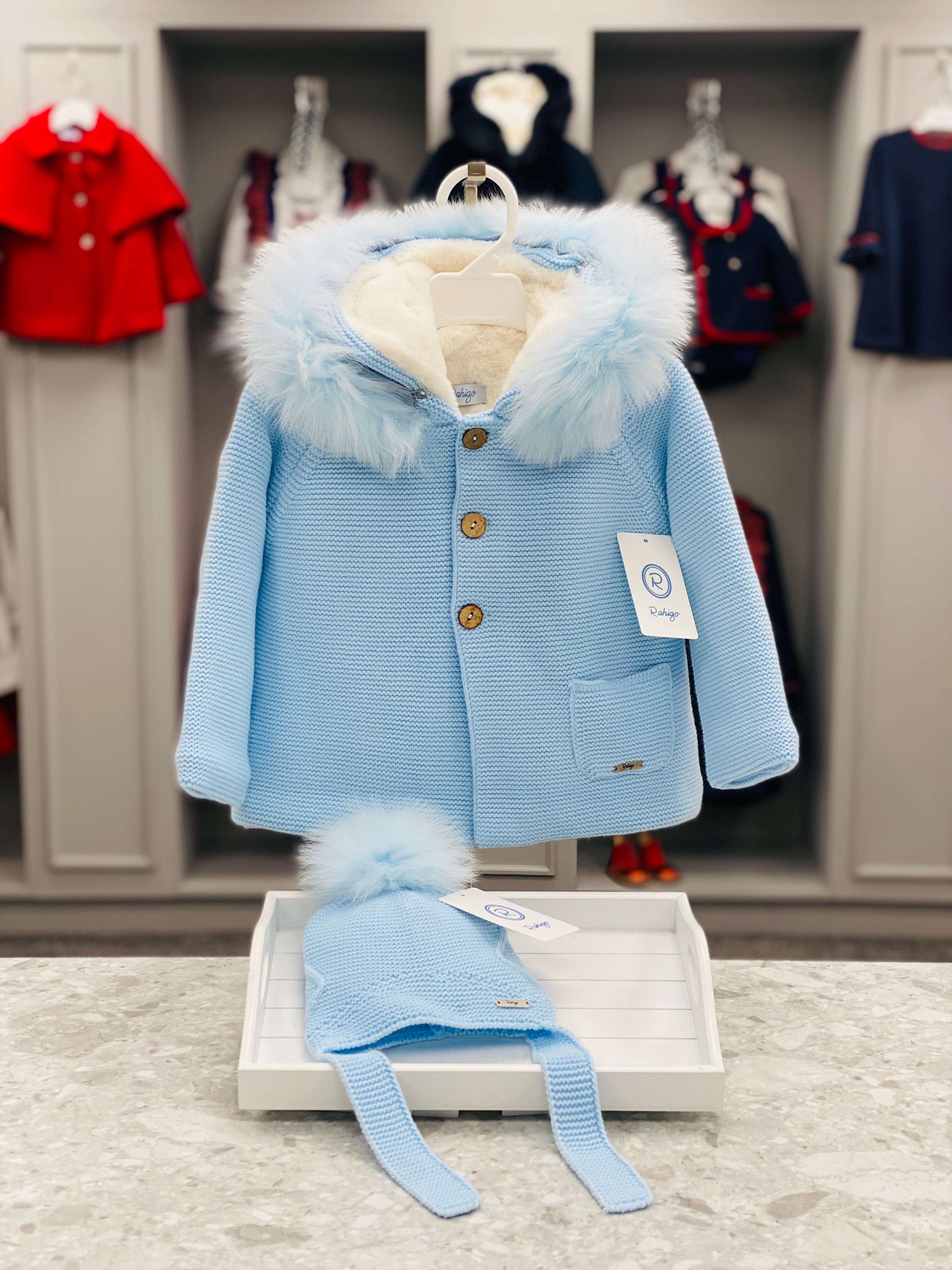 AW25 RAHIGO Baby Blue Boys Knitted Coat with Fur Hood - 252133