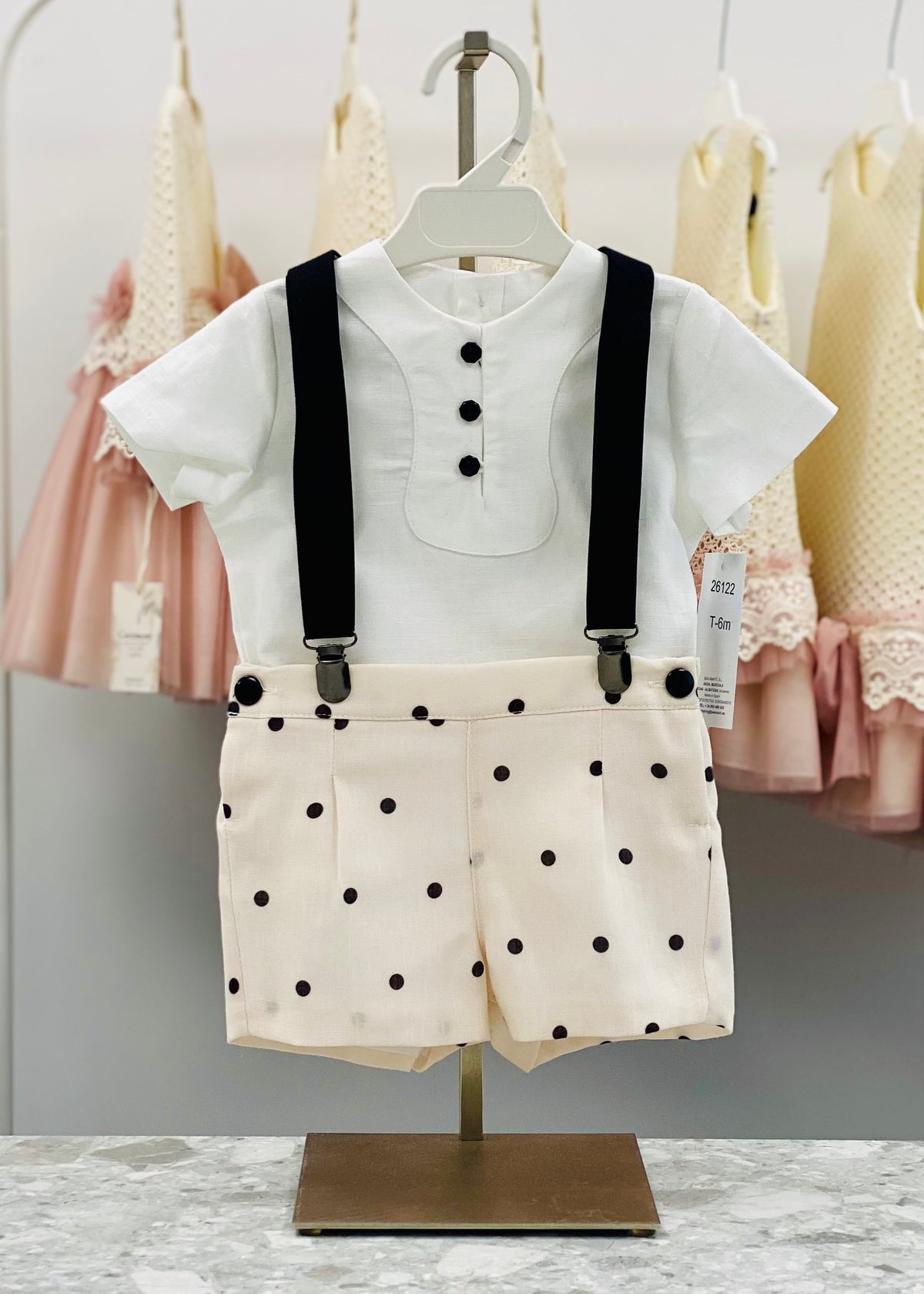 Basmarti Coco boys cream and black polka dot shorts and shirt set with braces