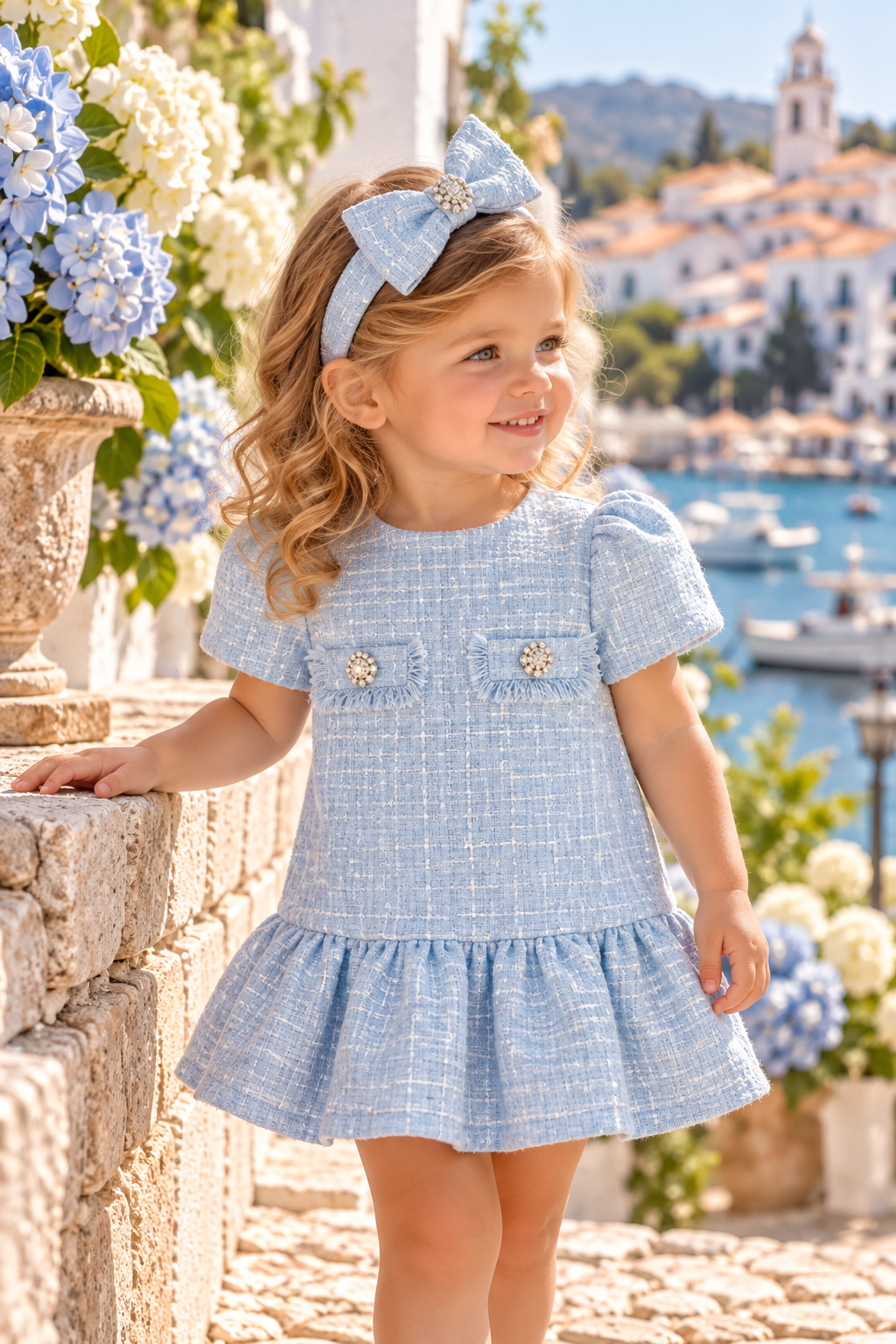 Chic by Deolinda Celeste Girls Blue Tweed Drop Waist Dress