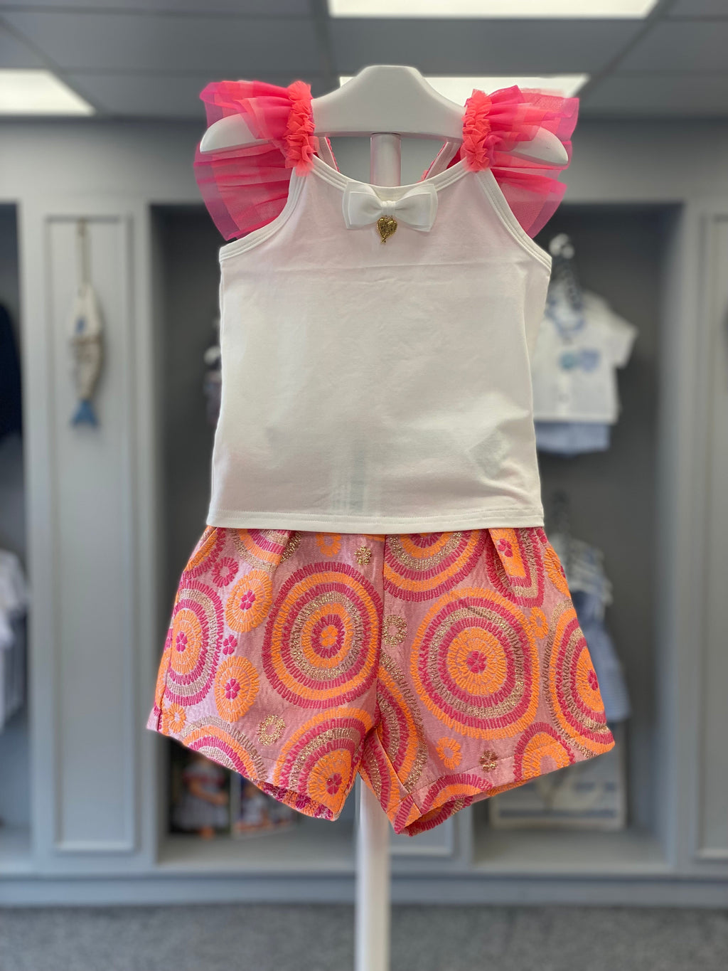 Angel’s Face Laetitia girls neon pink and orange short set lifestyle image