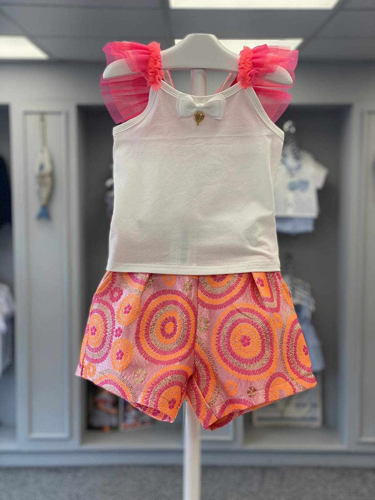 Angel’s Face Laetitia girls neon pink and orange short set lifestyle image